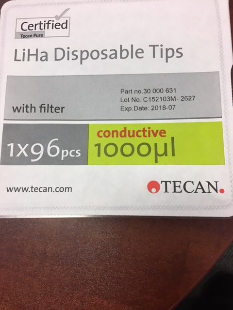 Tecan Liha Disposable Tips 1000uL Black, Conductive with Filter, Pack of 96. 30000631
