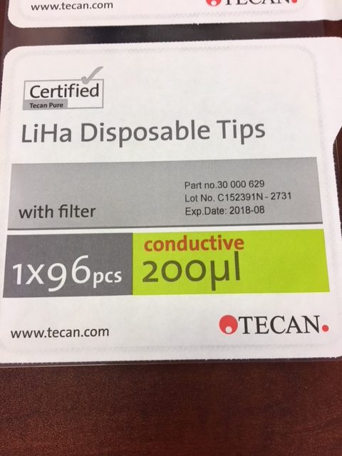 Tecan Liha Disposable Tips 200ul Black, Conductive with Filter, 96 pack. 30000629